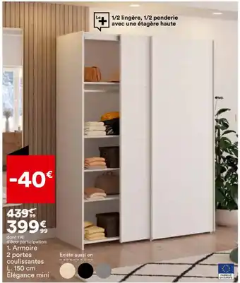 BUT Armoire 2 portes coulissantes L. 150 cm Élégance mini offre