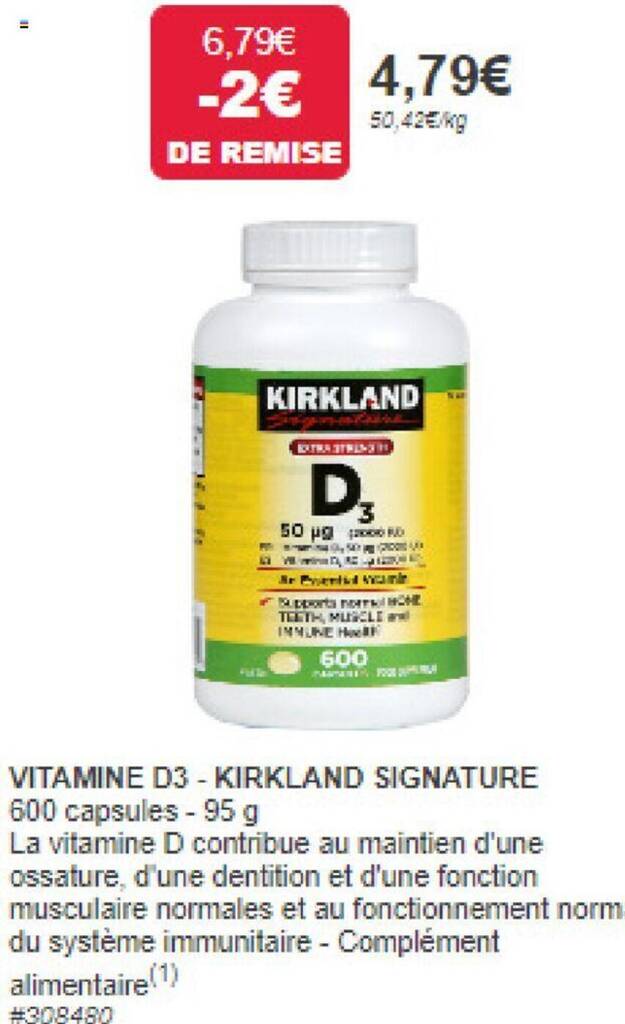 Promo VITAMINE D3 KIRKLAND SIGNATURE 600 capsules 95 g chez Costco