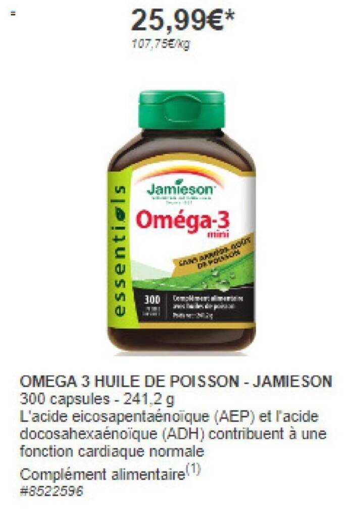 Promo OMEGA 3 HUILE DE POISSON JAMIESON 300 capsules 241,2 g chez