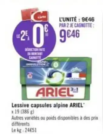 Géant Casino Lessive capsules alpine ARIEL offre