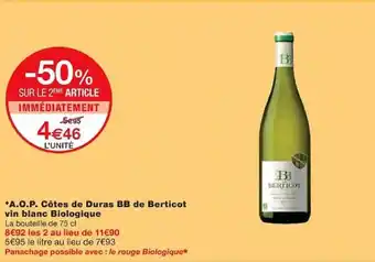 Monoprix *A.O.P. Côtes de Duras BB de Berticot vin blanc Biologique offre