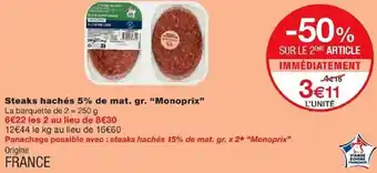 Monoprix Steaks hachés 5% de mat. gr. "Monoprix" offre
