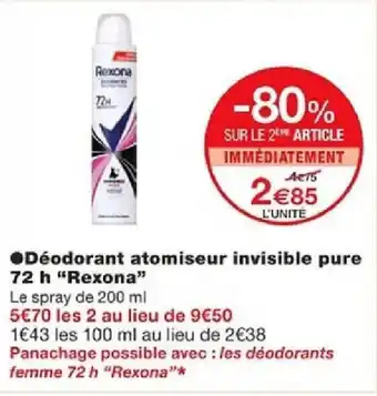 Déodorant atomiseur invisible pure 72 h "Rexona"