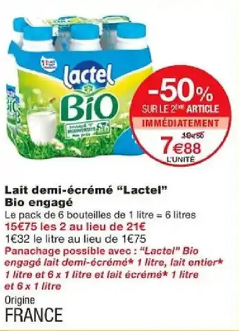 Monoprix Lait demi-écrémé "Lactel" Bio engagé offre