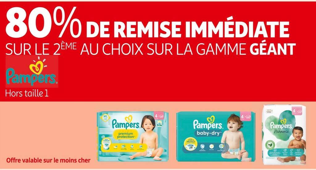 Promo Pampers 80 de remise immédiate sur le 2ème au choix sur la gamme géant pampers chez