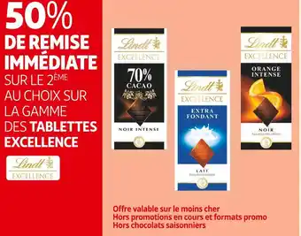 Auchan Supermarché Lindt 50% de remise immédiate sur le 2ème au choix sur la gamme des tablettes excellence lindt offre