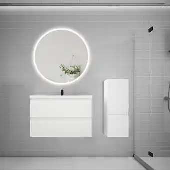 Bricomarché Aica ensemble meuble vasque l.79cm 2 tiroirs + lavabo + led miroir rond 90cm + colonne,blanc offre