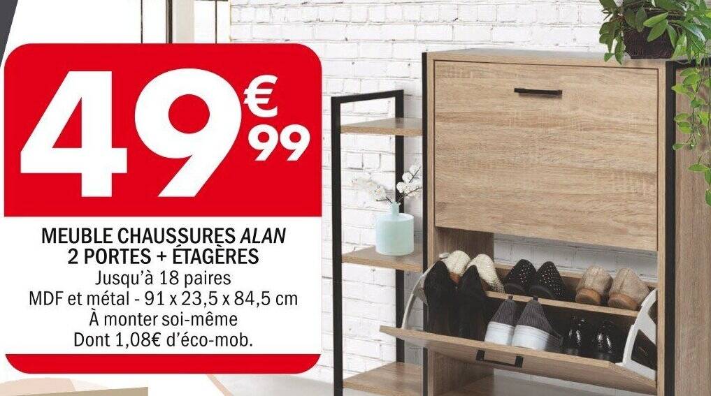 Promo MEUBLE CHAUSSURES ALAN 2 PORTES + ÉTAGÈRES Jusqu'à 18 paires chez