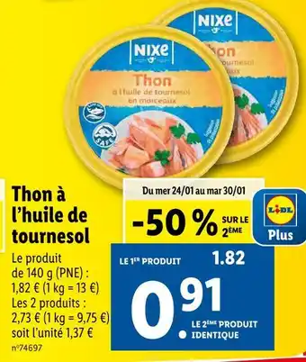 Lidl Nixe thon à l’huile de tournesol offre