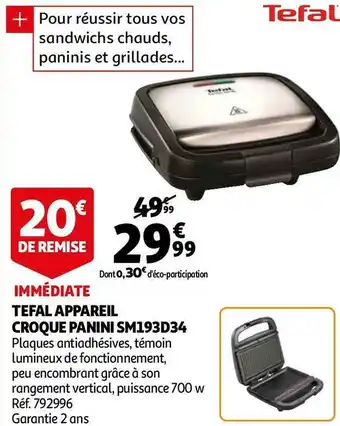 Auchan Tefal tefal appareil croque panini sm193d34 offre