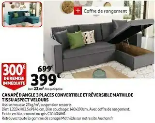 Auchan Canapé d'angle 3 places convertible et réversible mathilde tissu aspect velours offre