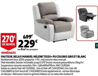 Auchan Fauteuil relax manuel helene tissu+ pu coloris gris et blanc offre