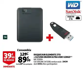 Auchan Sandisk disque dur elements 2to + clé usb cruzer ultra usb3 128go offre
