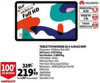 Auchan Huawei tablette matepad 10.4 4/64go wifi offre