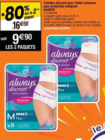Cora x Carrefour Culottes discreet pour fuites urinaires plus protection intégrale always offre