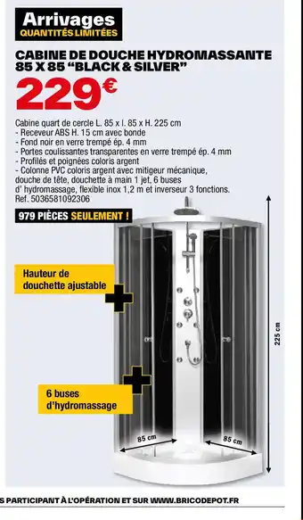 Brico Dépôt CABINE DE DOUCHE HYDROMASSANTE 85 X 85 BLACK & SILVER offre