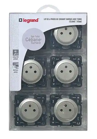 Brico Cash Lot de 6 prises de courant avec terre Céliane Surface - Titane offre