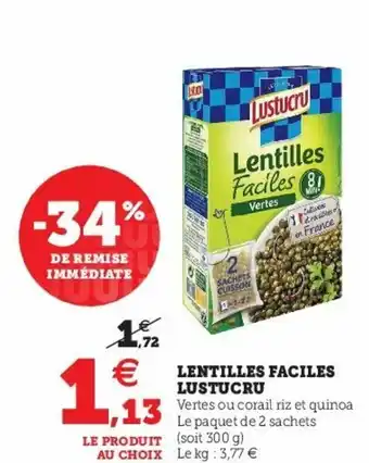 Super U Lentilles Faciles Lustucru offre