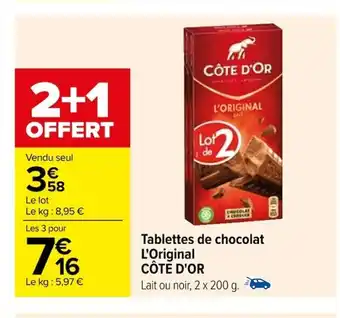 Carrefour Tablettes de chocolat L'Original CÔTE D'OR offre
