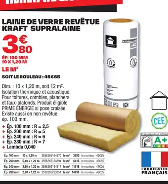 Brico Dépôt LAINE DE VERRE REVÊTUE KRAFT SUPRALAINE offre