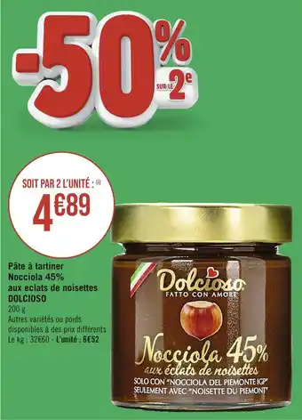 Casino Supermarchés DOLCIOSO Pâte à tartiner Nocciola 45% aux eclats de noisettes offre