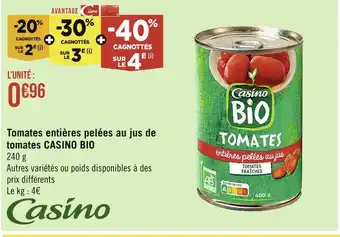 CASINO BIO Tomates entières pelées au jus de tomates