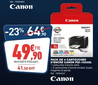 Bureau Vallée CANON PACK DE 4 CARTOUCHES D’ENCRE PGI-1500XL offre