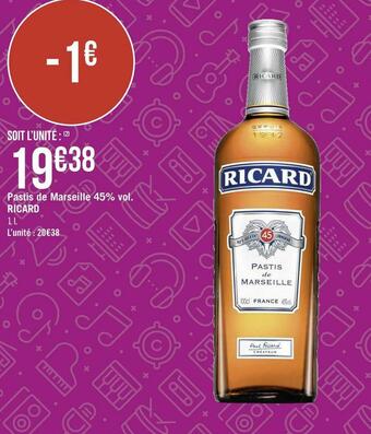 Géant Casino Ricard pastis de marseille 45% vol. offre