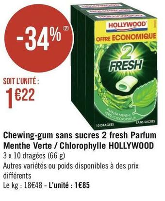Hollywood chewing-gum sans sucres 2 fresh parfum menthe verte / chlorophylle