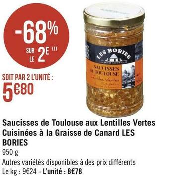 Géant Casino Les bories saucisses de toulouse aux lentilles vertes cuisinées à la graisse de canard offre