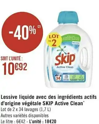 Géant Casino Skip lessive liquide avec des ingrédients actifs d’origine végétale active clean* offre