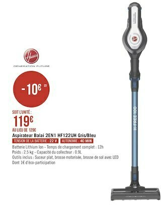 Géant Casino Hoover aspirateur balai 2en1 hf122uh gris/bleu offre