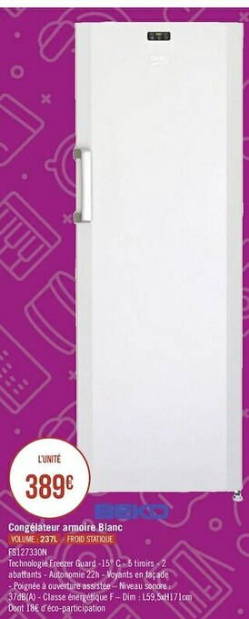 Géant Casino Beko congélateur armoire blanc offre