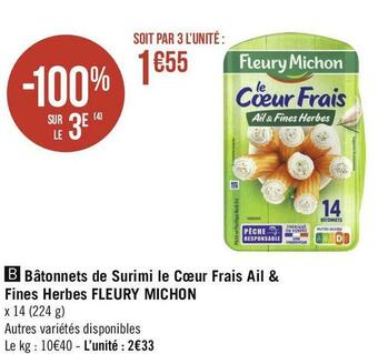 Géant Casino Fleury michon bâtonnets de surimi le cœur frais ail & fines herbes offre