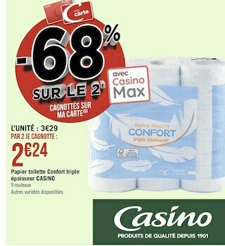 Géant Casino Casino papier toilette confort triple épaisseur offre