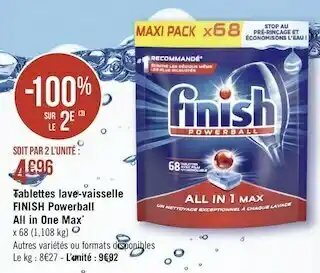 Géant Casino Finish tablettes lave-vaisselle powerball all in one max* offre