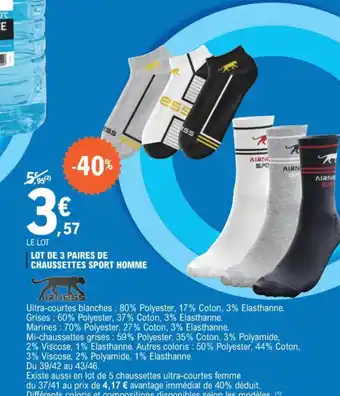 E.Leclerc LOT DE 3 PAIRES DE CHAUSSETTES SPORT HOMME offre