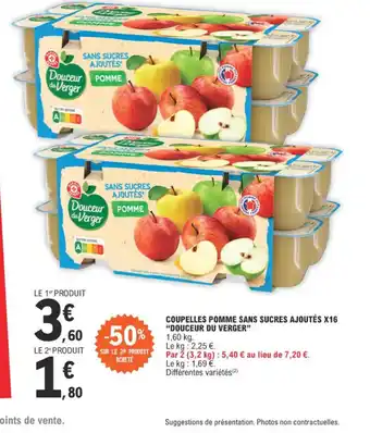 E.Leclerc COUPELLES POMME SANS SUCRES AJOUTÉS X16 DOUCEUR DU VERGER" offre