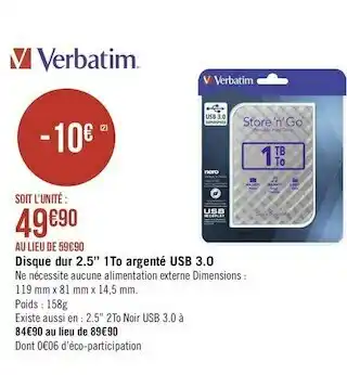 Verbatim disque dur 2.5’’ 1to argenté usb 3.0