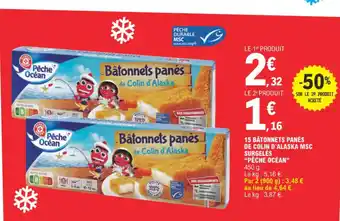 E.Leclerc 15 BÂTONNETS PANÉS DE COLIN D'ALASKA MSC SURGELÉS offre