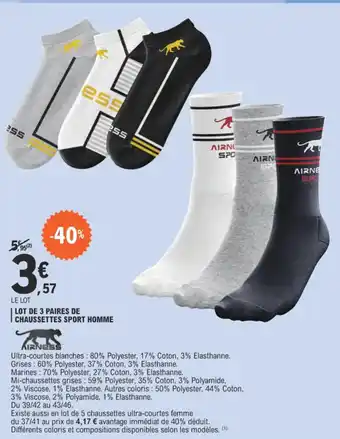 E.Leclerc LOT DE 3 PAIRES DE CHAUSSETTES SPORT HOMME offre