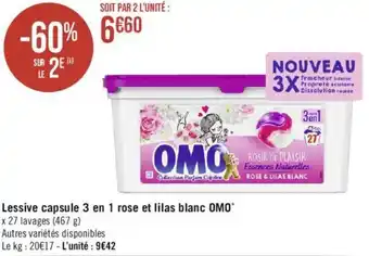 Géant Casino Lessive capsule 3 en 1 rose et lilas blanc OMO offre