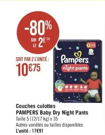 Géant Casino Couches culottes PAMPERS Baby Dry Night Pants Taille 5 (12/17 kg) x 35 offre
