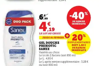 Hyper U GEL DOUCHE PREBIOTIC SANEX offre