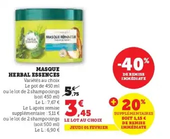 Hyper U MASQUE HERBAL ESSENCES offre