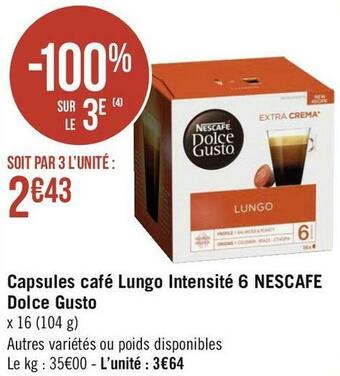 Géant Casino Nescafé capsules café lungo intensité 6 dolce gusto offre
