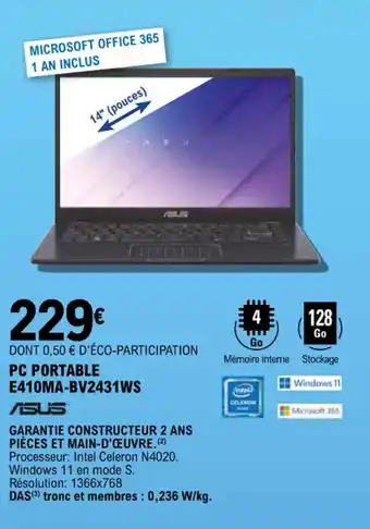 E.Leclerc PC PORTABLE E410MA-BV2431WS offre