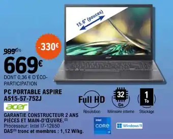 E.Leclerc PC PORTABLE ASPIRE A515-57-752J offre