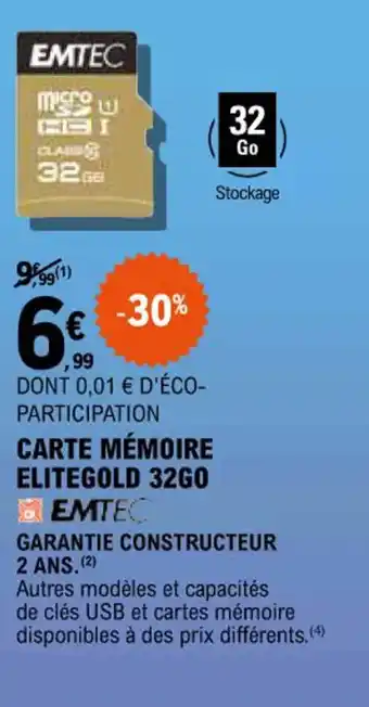 E.Leclerc CARTE MÉMOIRE ELITEGOLD 32GO offre