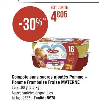 Géant Casino Materne compote sans sucres ajoutés pomme + pomme framboise fraise offre
